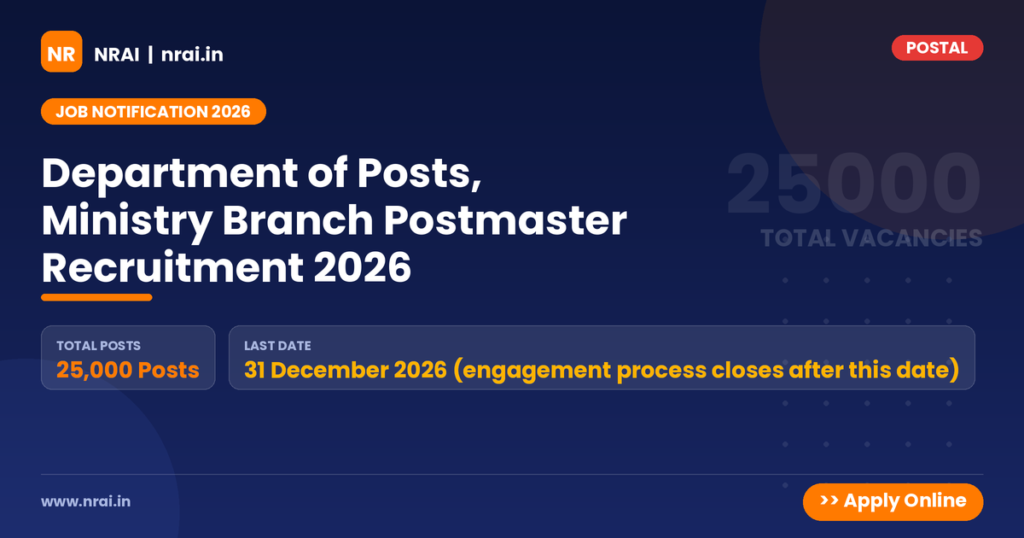 Department of Posts, Ministry Branch Postmaster Recruitment 2026 - NRAI nrai.in