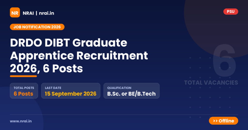 DRDO DIBT Graduate Apprentice Recruitment 2026, 6 Posts - NRAI nrai.in