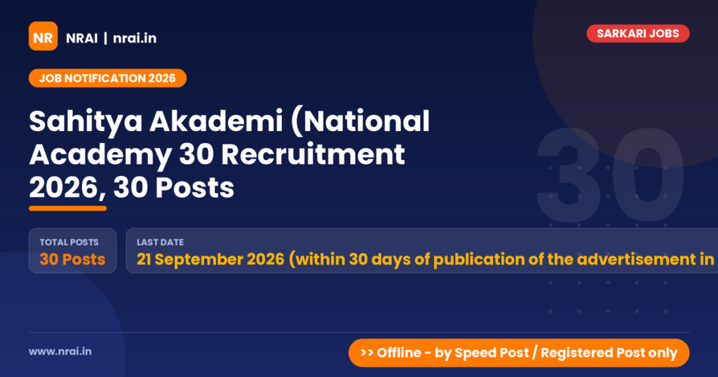 Sahitya Akademi (National Academy 30 Recruitment 2026, 30 Posts - NRAI nrai.in