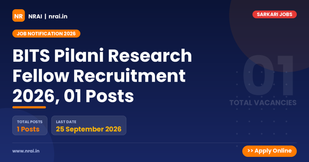 BITS Pilani Research Fellow Recruitment 2026, 01 Posts - NRAI nrai.in
