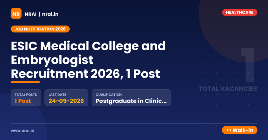 ESIC Medical College and Embryologist Recruitment 2026, 1 Post - NRAI nrai.in