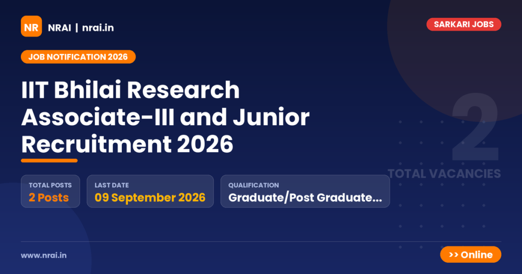 IIT Bhilai Research Associate-III and Junior Recruitment 2026 - NRAI nrai.in
