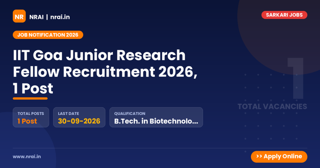 IIT Goa Junior Research Fellow Recruitment 2026, 1 Post - NRAI nrai.in
