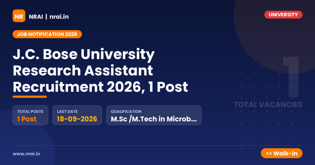J.C. Bose University Research Assistant Recruitment 2026, 1 Post - NRAI nrai.in