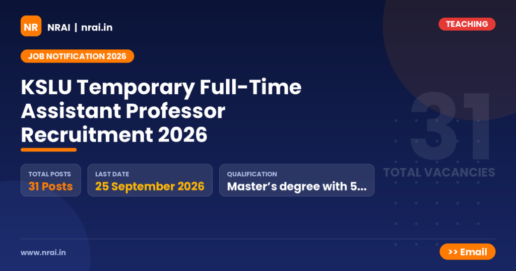 KSLU Temporary Full-Time Assistant Professor Recruitment 2026 - NRAI nrai.in