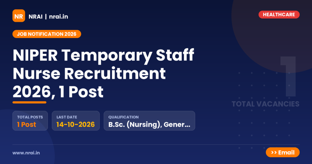 NIPER Temporary Staff Nurse Recruitment 2026, 1 Post - NRAI nrai.in
