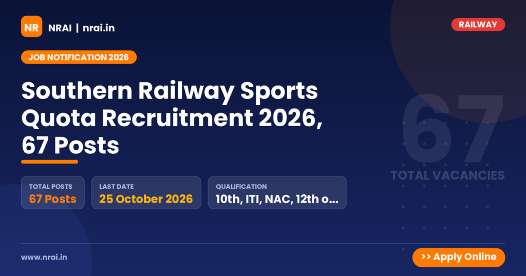 Southern Railway Sports Quota Recruitment 2026, 67 Posts - NRAI nrai.in