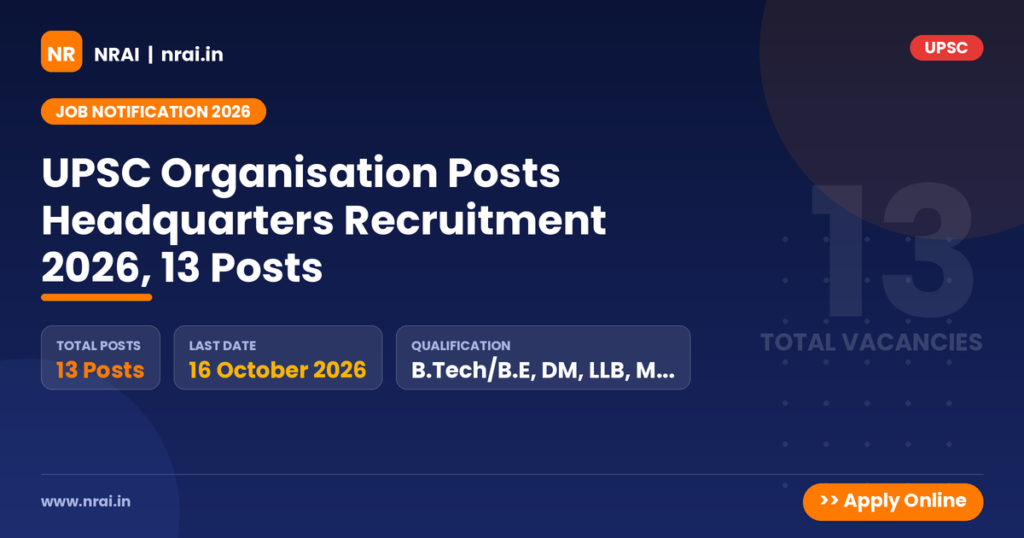UPSC Organisation Posts Headquarters Recruitment 2026, 13 Posts - NRAI nrai.in