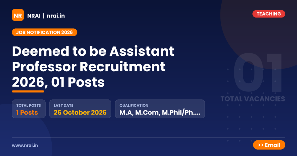 Deemed to be Assistant Professor Recruitment 2026, 01 Posts - NRAI nrai.in