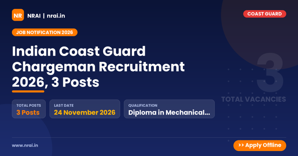 Indian Coast Guard Chargeman Recruitment 2026, 3 Posts - NRAI nrai.in