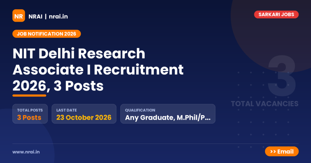 NIT Delhi Research Associate I Recruitment 2026, 3 Posts - NRAI nrai.in