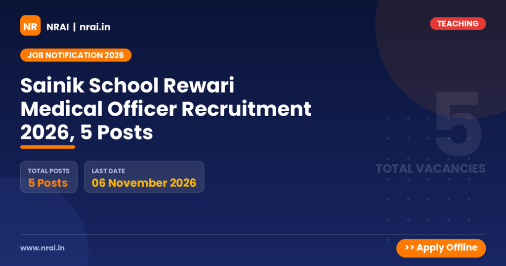 Sainik School Rewari Medical Officer Recruitment 2026, 5 Posts - NRAI nrai.in
