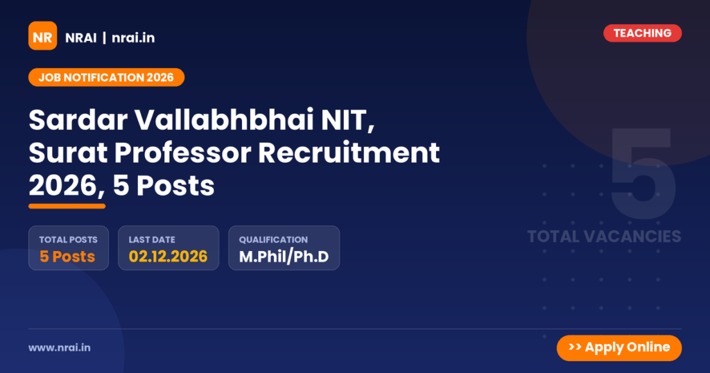 Sardar Vallabhbhai NIT, Surat Professor Recruitment 2026, 5 Posts - NRAI nrai.in